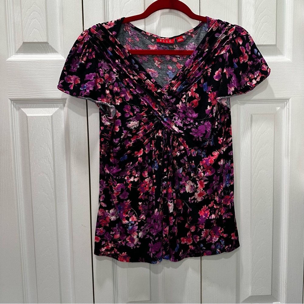 Elle Pink and Red Flutter Sleeve Wrap Blouse